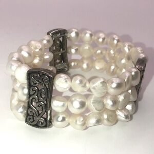 REAL Freshwater Pearl 3 Row Silver Tone Accented Stretch bracelet OS Fits Most